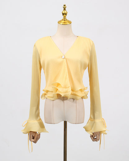 Yellow Ruffled Plisse V-Neck Blouse