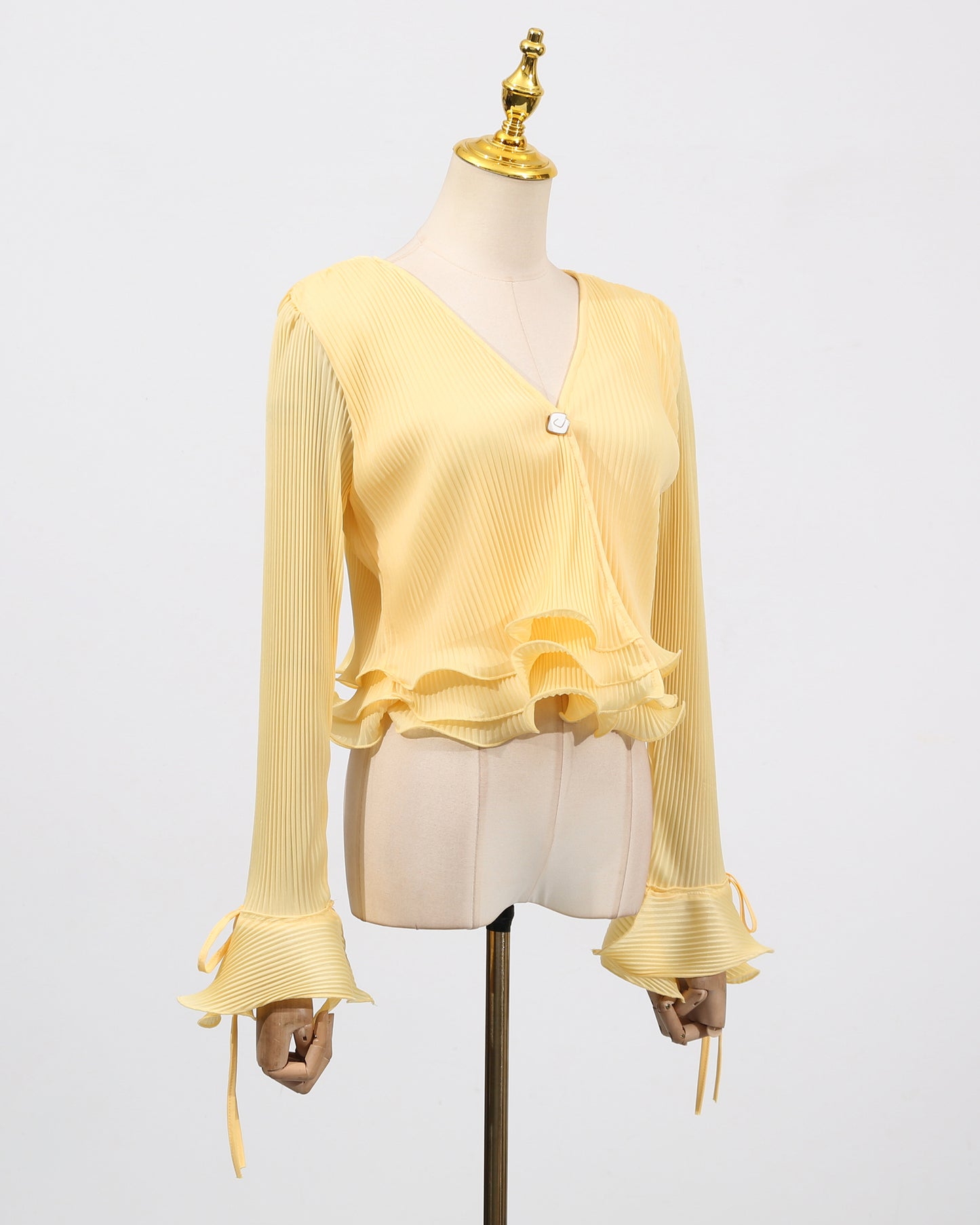 Yellow Ruffled Plisse V-Neck Blouse