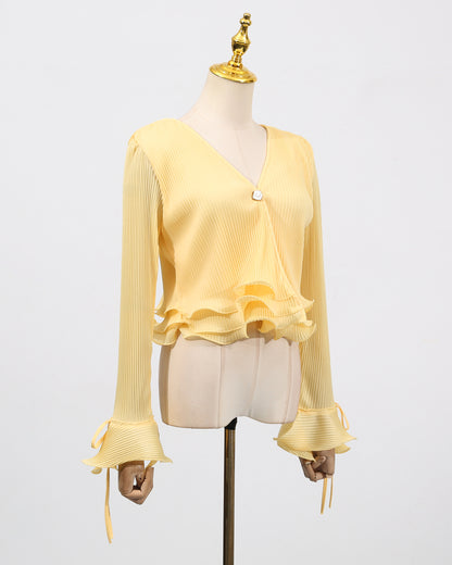 Yellow Ruffled Plisse V-Neck Blouse
