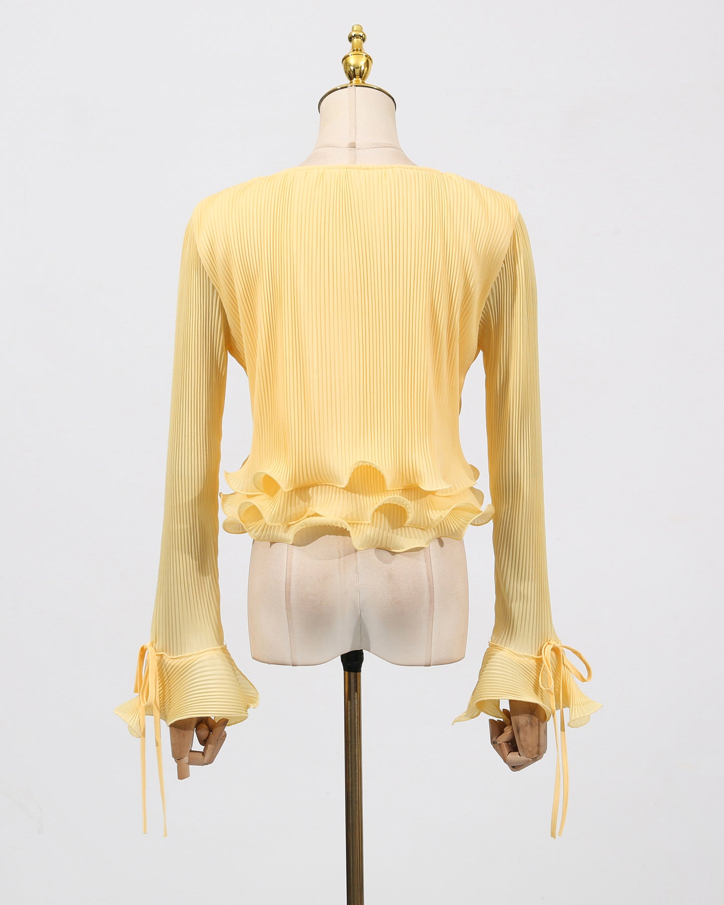 Yellow Ruffled Plisse V-Neck Blouse