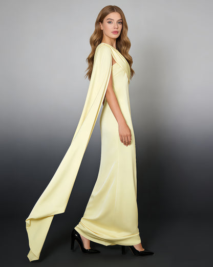 Yellow Satin Cape Maxi Dress