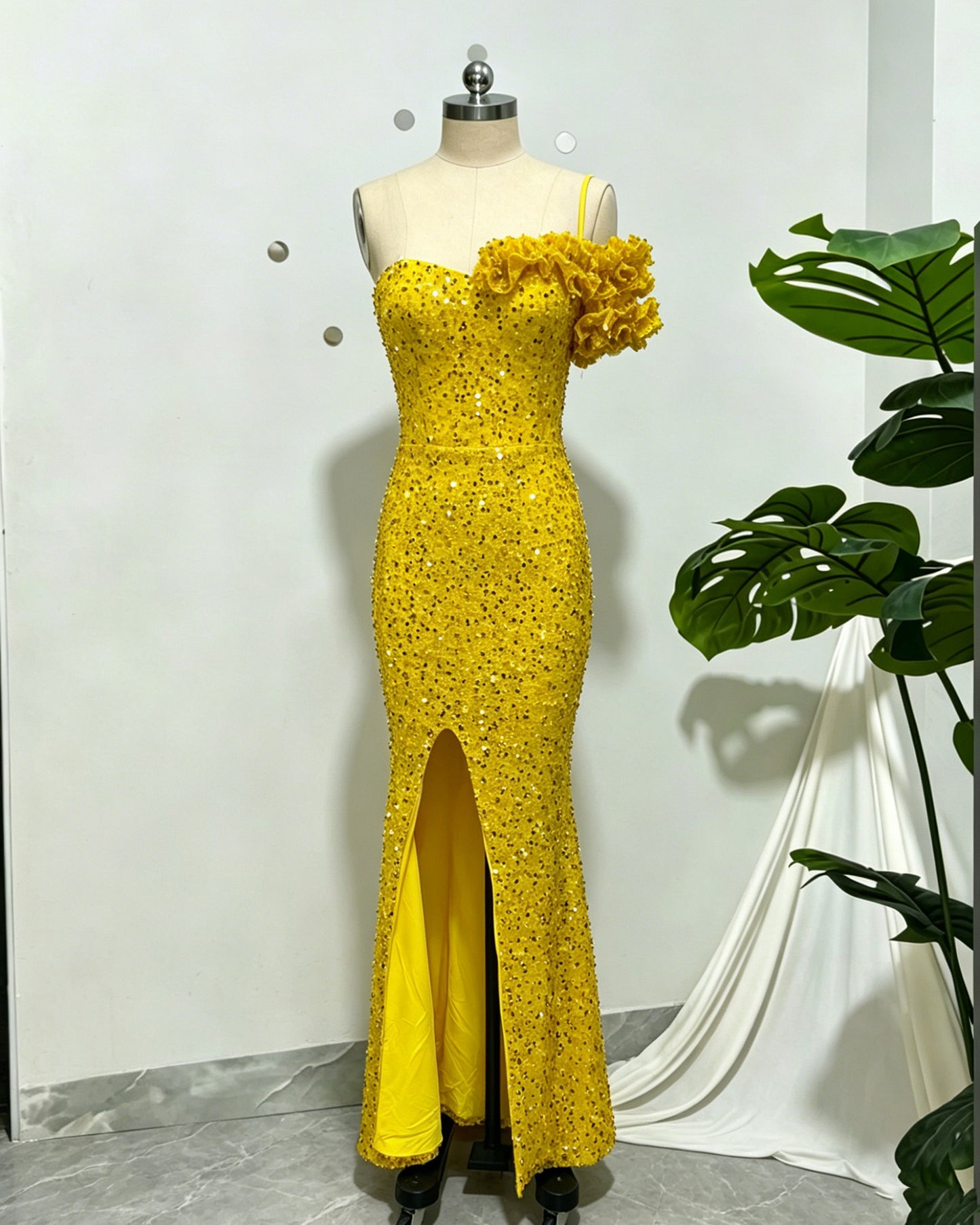 Yellow Sequin Off Shoulder Mermaid Evening Gown