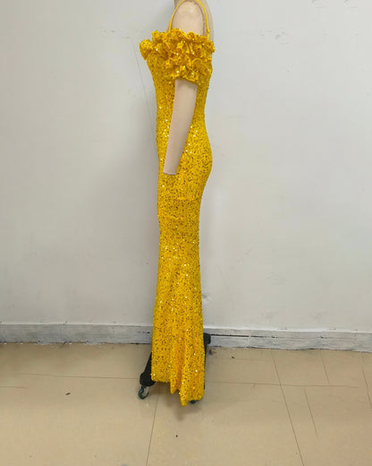 Yellow Sequin Off Shoulder Mermaid Evening Gown