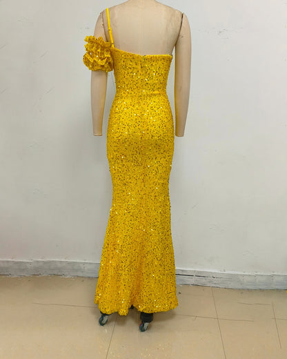 Yellow Sequin Off Shoulder Mermaid Evening Gown