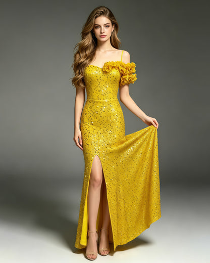 Yellow Sequin Off Shoulder Mermaid Evening Gown