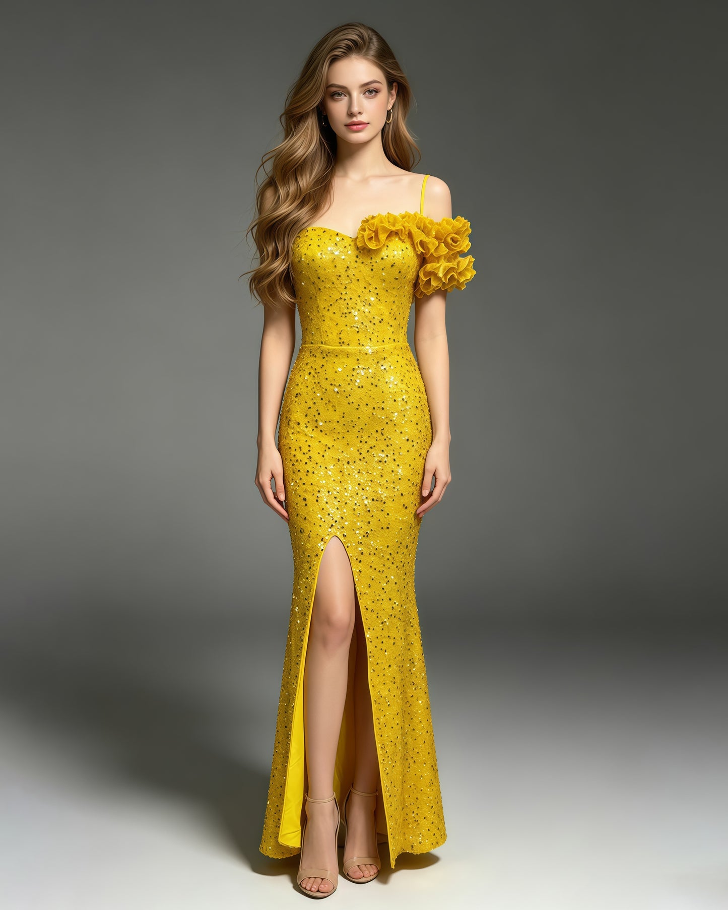 Yellow Sequin Off Shoulder Mermaid Evening Gown