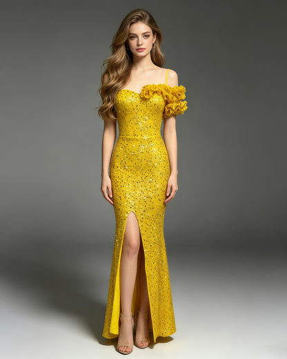 Yellow Sequin Off Shoulder Mermaid Evening Gown