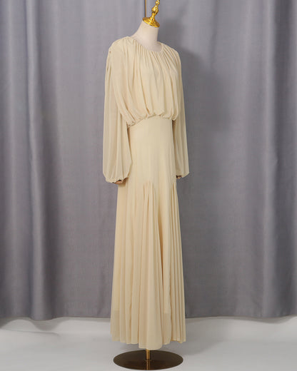 Yellow Sheer Sleeve Pleated Maxi Dress
