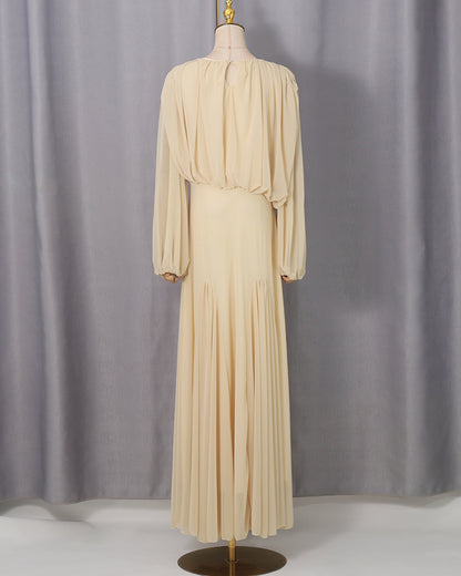 Yellow Sheer Sleeve Pleated Maxi Dress