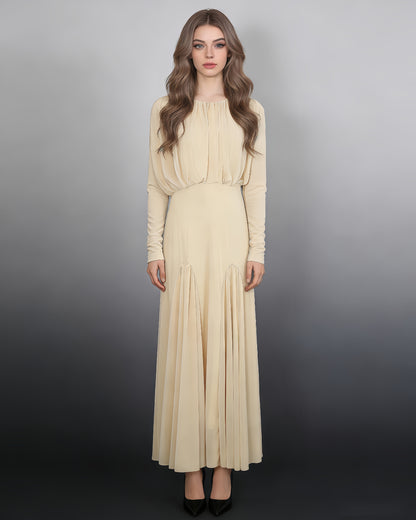 Yellow Sheer Sleeve Pleated Maxi Dress