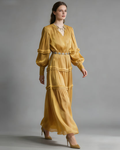 Yellow Shiny Lantern Sleeve Tiered Maxi Dress