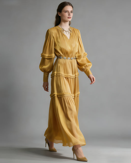 Yellow Shiny Lantern Sleeve Tiered Maxi Dress