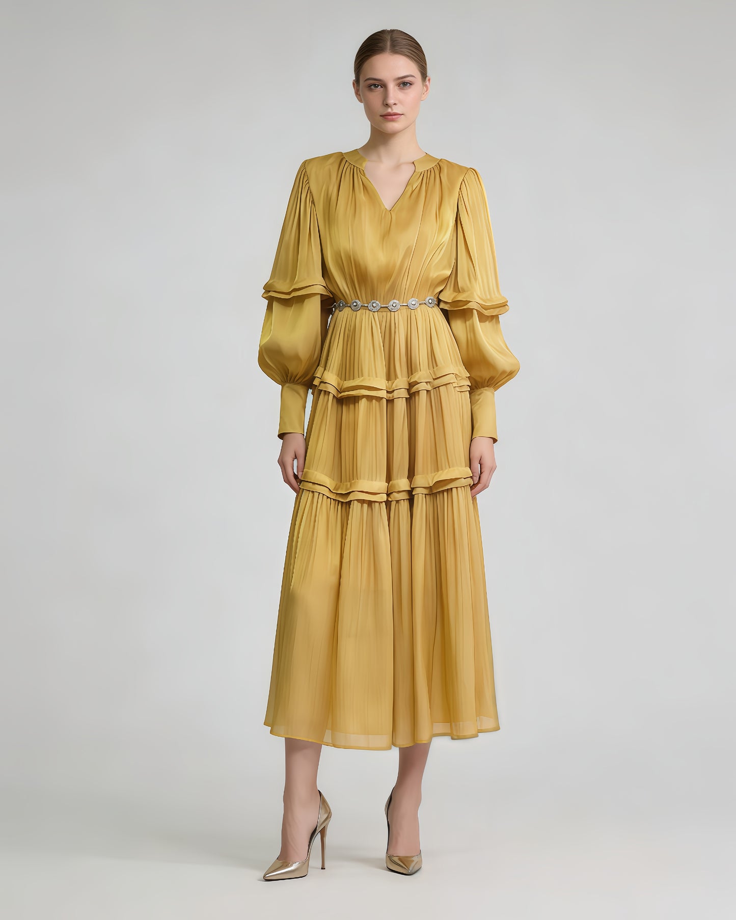 Yellow Shiny Lantern Sleeve Tiered Maxi Dress