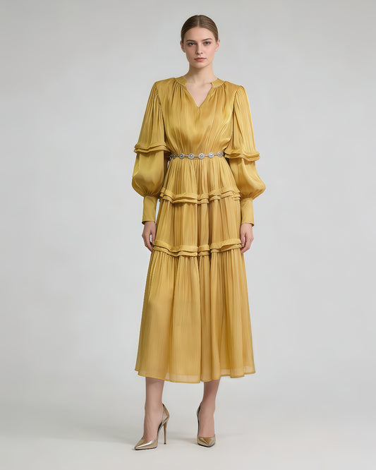 Yellow Shiny Lantern Sleeve Tiered Maxi Dress