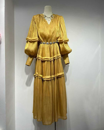 Yellow Shiny Lantern Sleeve Tiered Maxi Dress