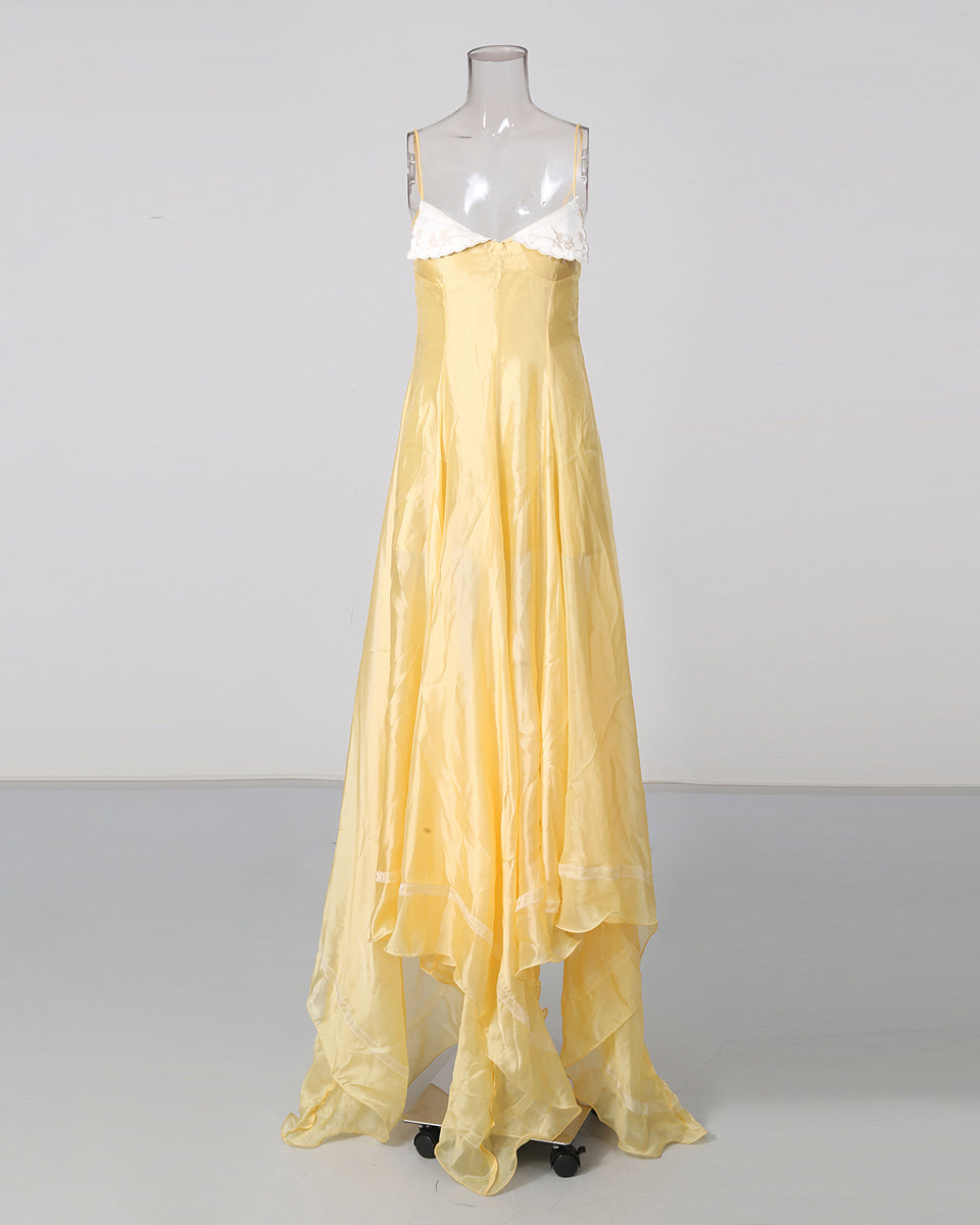 Yellow Spaghetti Strap Lace Irregular Ruffle Maxi Dress