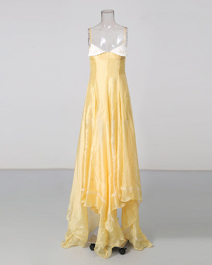 Yellow Spaghetti Strap Lace Irregular Ruffle Maxi Dress