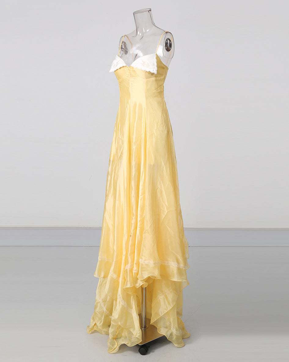 Yellow Spaghetti Strap Lace Irregular Ruffle Maxi Dress