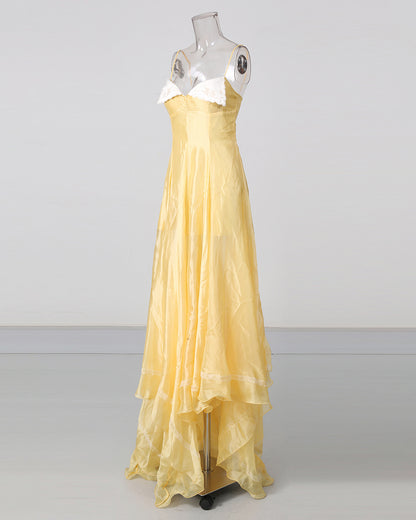 Yellow Spaghetti Strap Lace Irregular Ruffle Maxi Dress