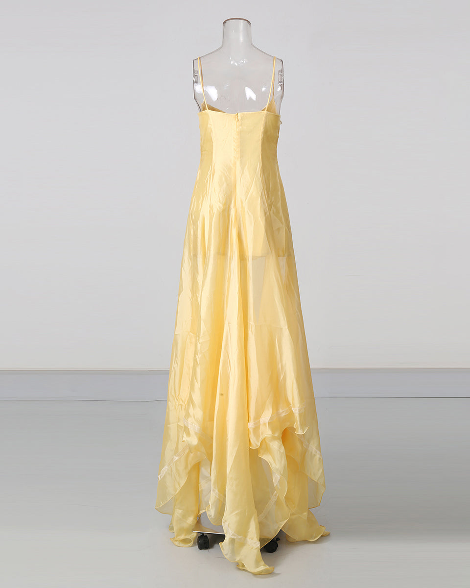 Yellow Spaghetti Strap Lace Irregular Ruffle Maxi Dress