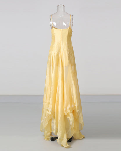 Yellow Spaghetti Strap Lace Irregular Ruffle Maxi Dress