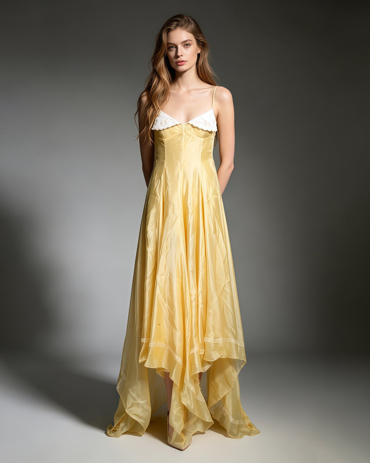 Yellow Spaghetti Strap Lace Irregular Ruffle Maxi Dress