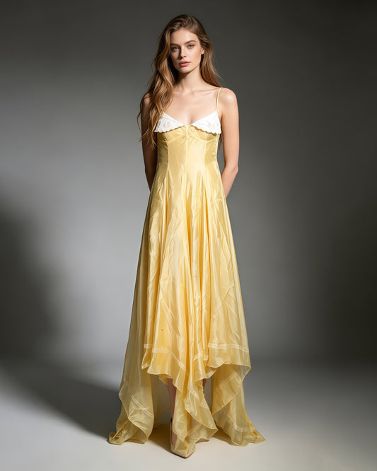 Yellow Spaghetti Strap Lace Irregular Ruffle Maxi Dress