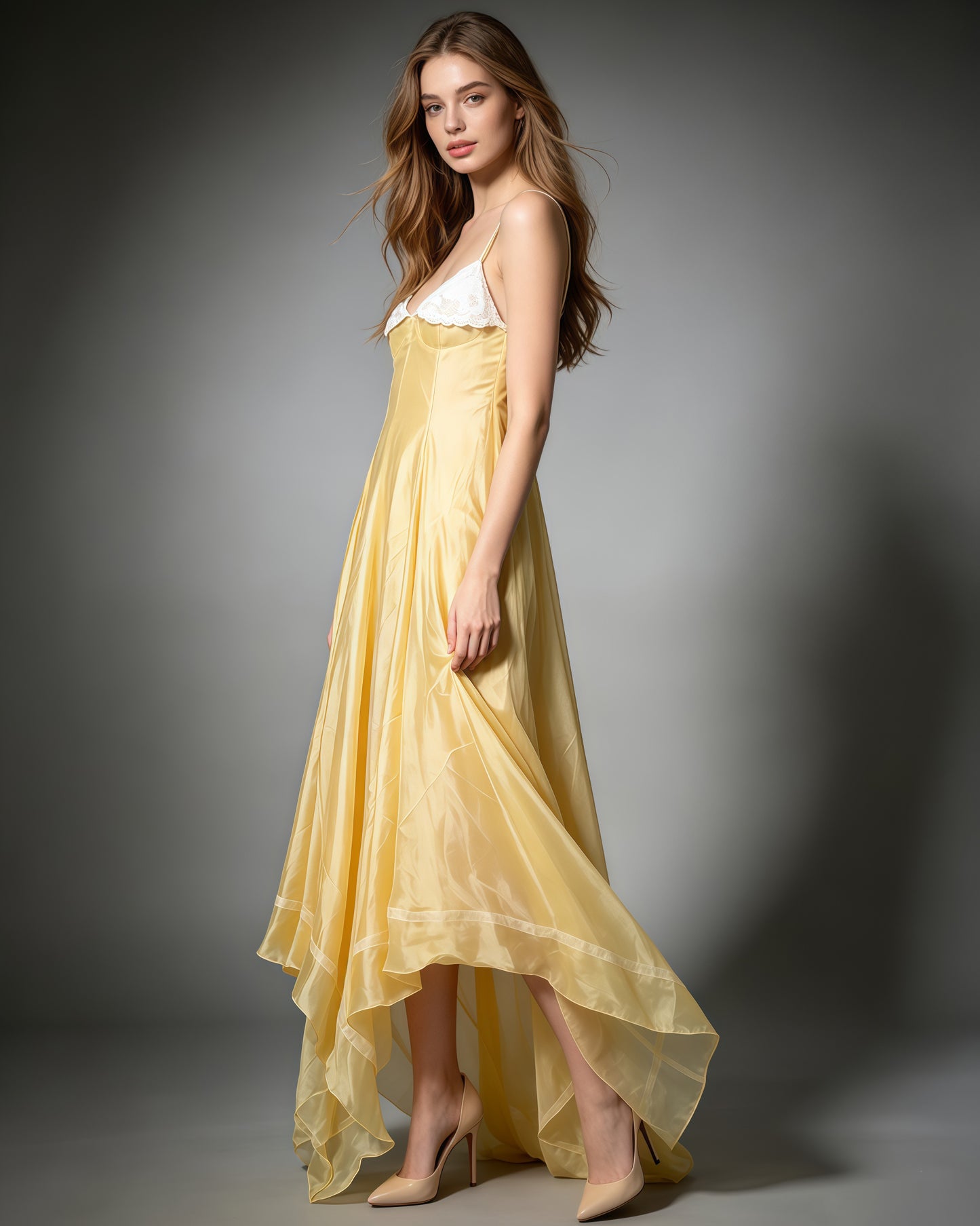 Yellow Spaghetti Strap Lace Irregular Ruffle Maxi Dress