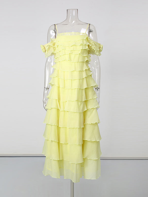 Yellow Spaghetti Strap Ruffle Multi-Layer Tiered Dress