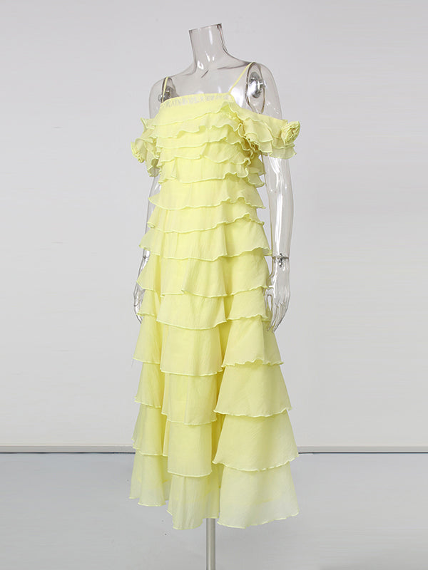 Yellow Spaghetti Strap Ruffle Multi-Layer Tiered Dress