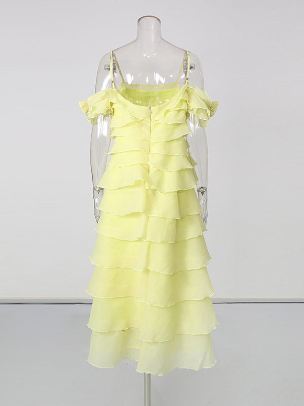 Yellow Spaghetti Strap Ruffle Multi-Layer Tiered Dress