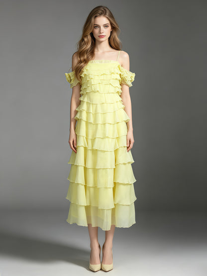 Yellow Spaghetti Strap Ruffle Multi-Layer Tiered Dress