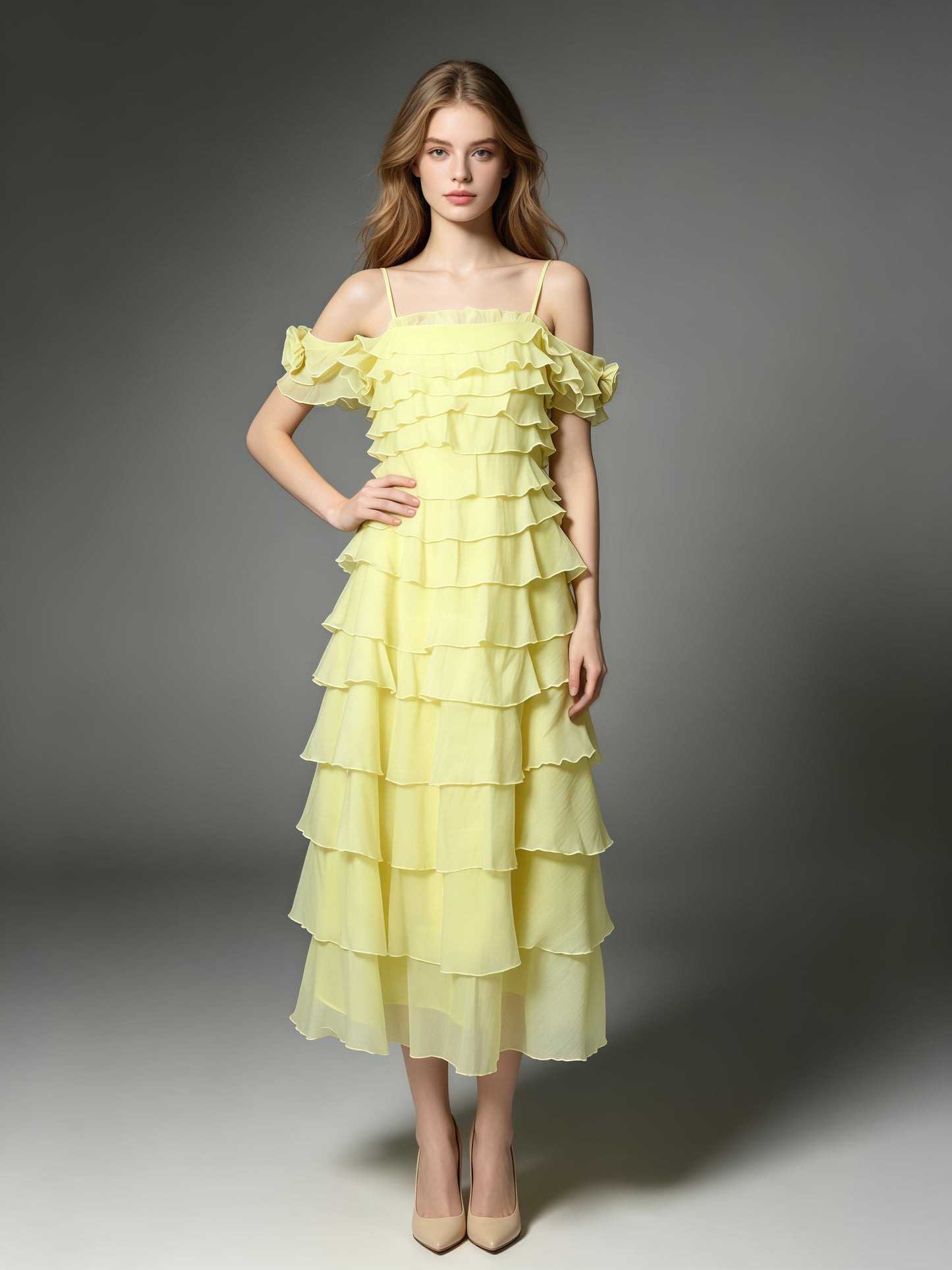 Yellow Spaghetti Strap Ruffle Multi-Layer Tiered Dress