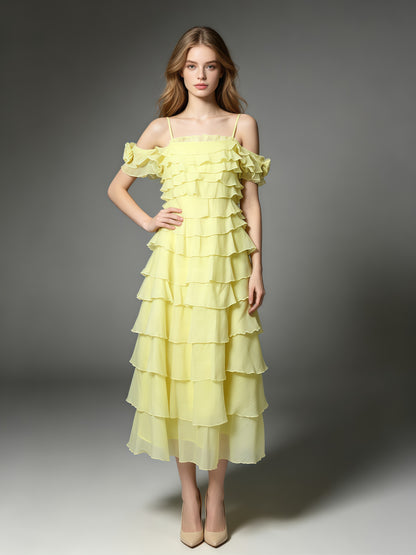 Yellow Spaghetti Strap Ruffle Multi-Layer Tiered Dress