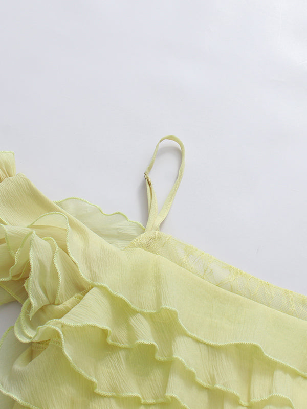 Yellow Spaghetti Strap Ruffle Multi-Layer Tiered Dress