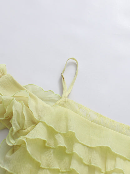 Yellow Spaghetti Strap Ruffle Multi-Layer Tiered Dress