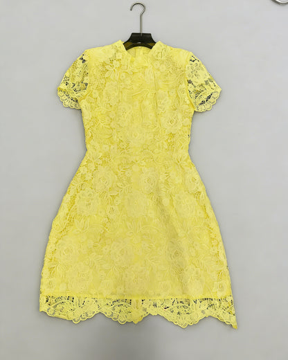 Yellow Stand Collar Short Sleeve Lace Mini Dress