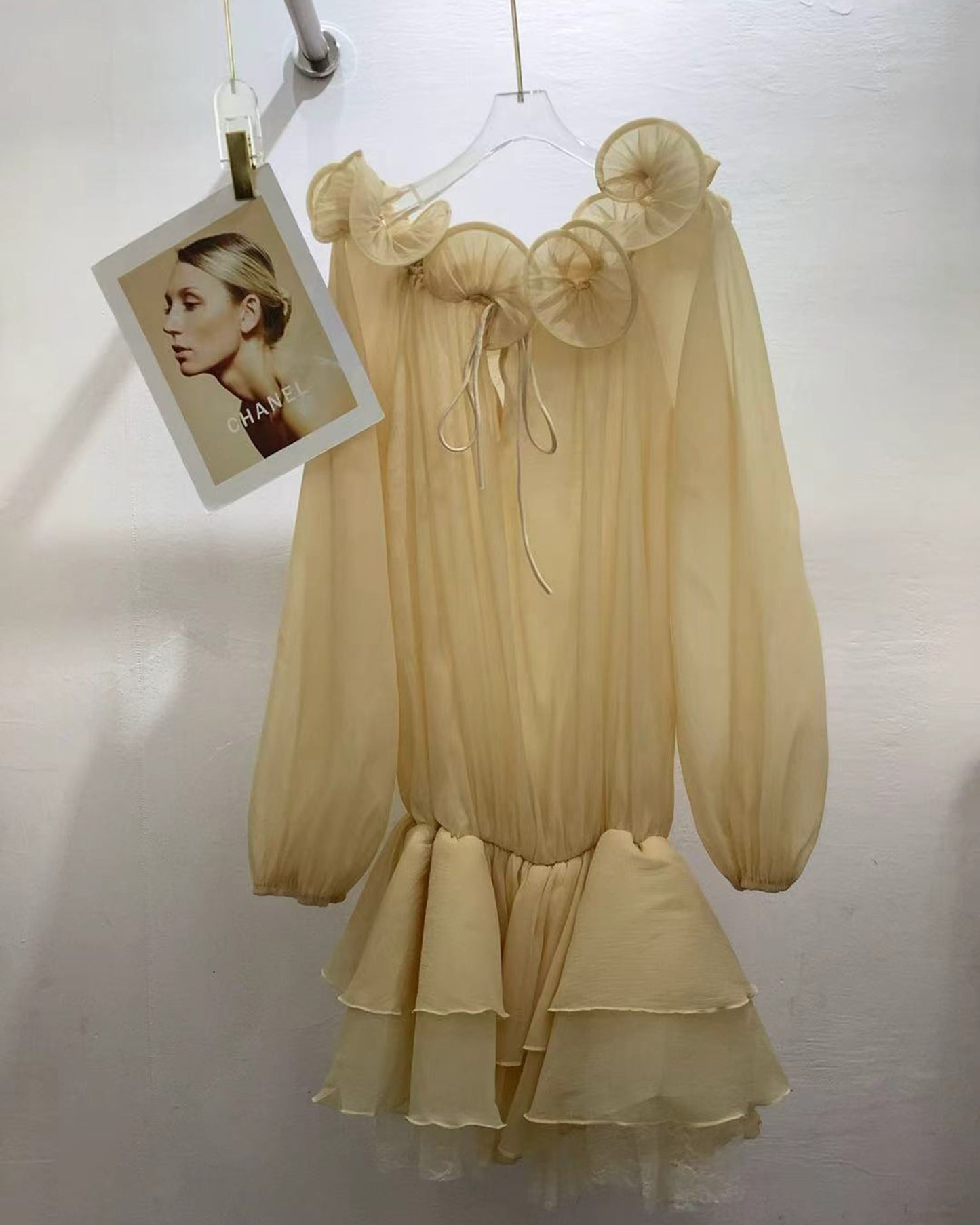 Yellow Tulle 3D Floral Lantern Sleeve Mini Dress