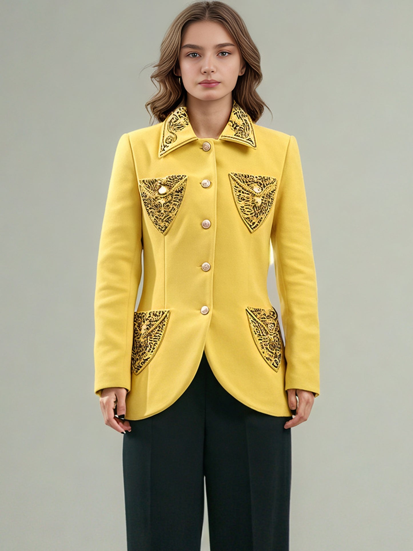 Yellow Blazer with Beaded Embellished Collar & Pockets