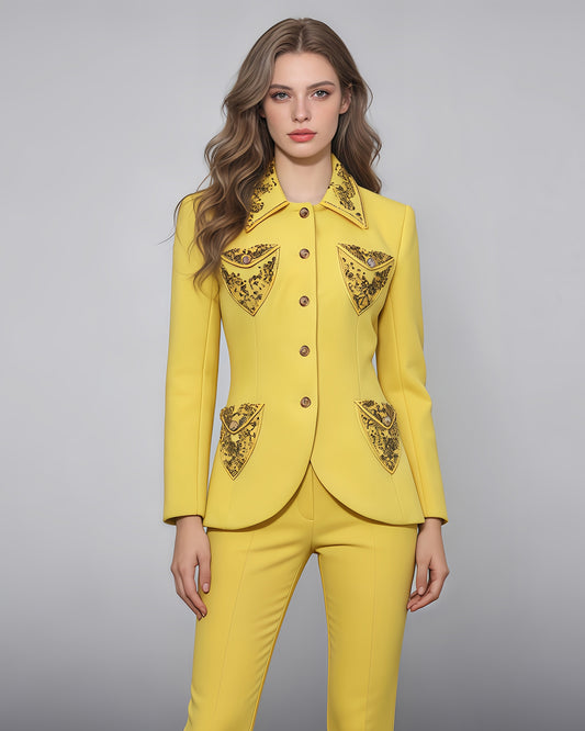 Yellow Blazer with Beaded Embellished Collar & Pockets