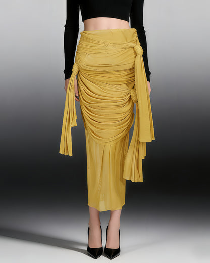 Yellow Ruched Mesh Midi Skirt with Knot & Draped
