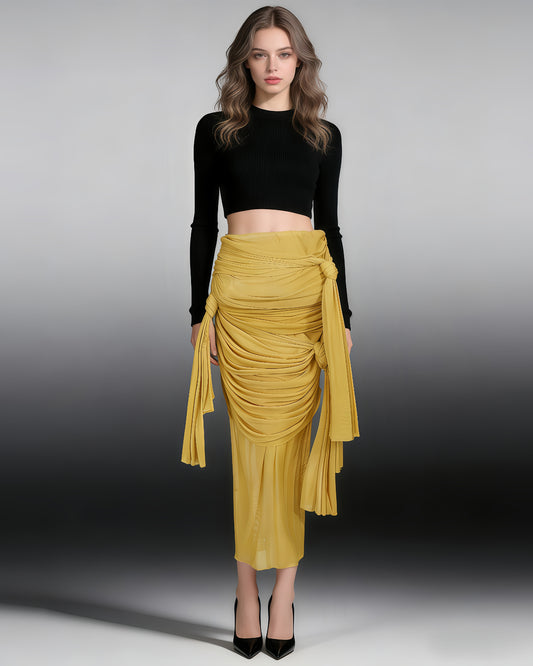 Yellow Ruched Mesh Midi Skirt with Knot & Draped