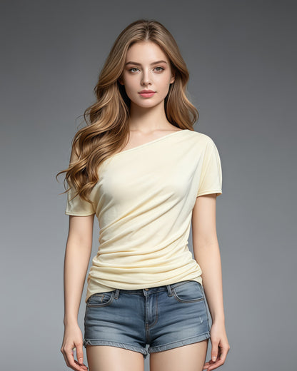 Yellow Sloping Shoulders Ruched Asymmetrical Top