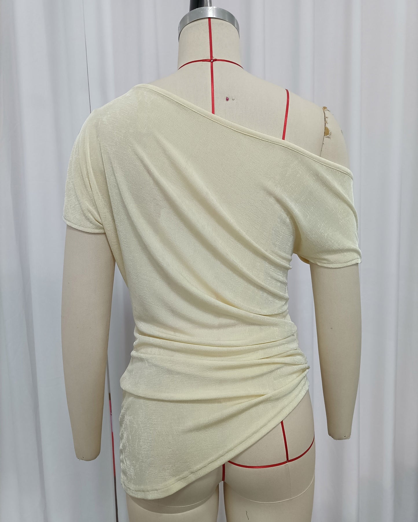 Yellow Sloping Shoulders Ruched Asymmetrical Top