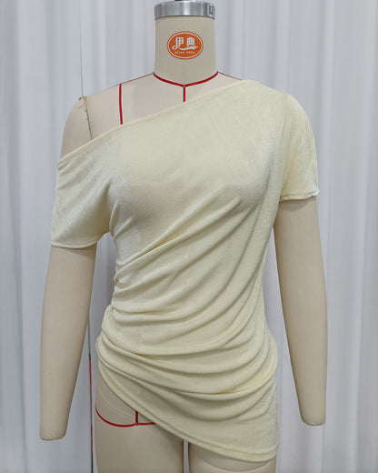 Yellow Sloping Shoulders Ruched Asymmetrical Top