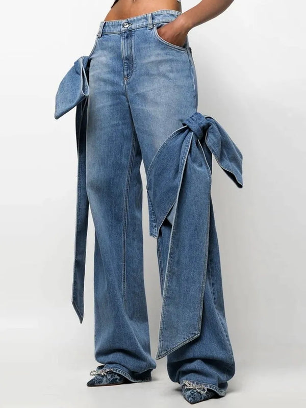 Casual Patchwork Bowknot Denim Pants