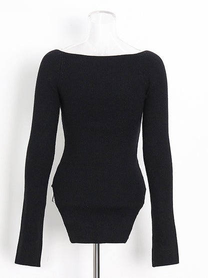 Chic Black Sweetheart Neckline Long - Sleeve Top