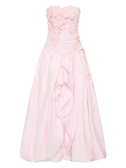 Pleated Patchwork Flower Long Dress