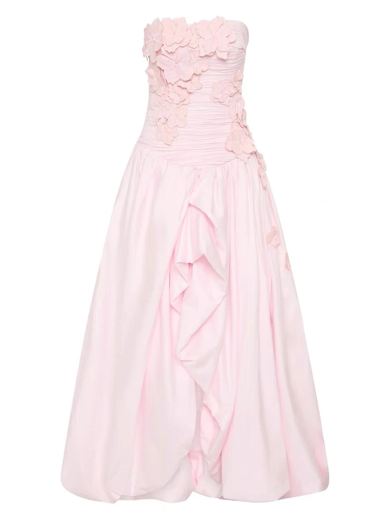 Pleated Patchwork Flower Long Dress