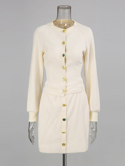 Apricot Cropped Jacket & Skirt Set with Gold Buttons - SISPELL